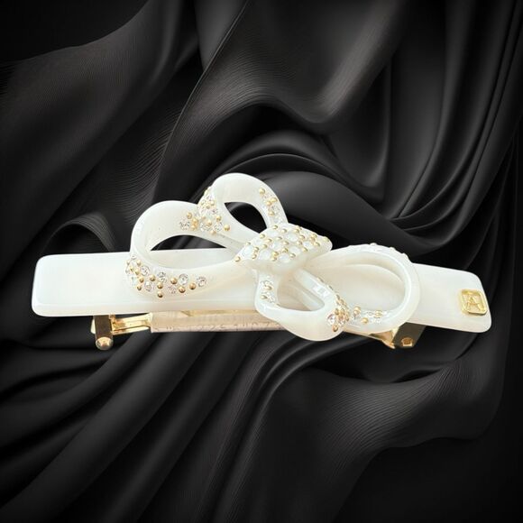 Alexandre de Paris Crystal Bow Barrette 3” White Made in France Luxury Hair Clip main image 6